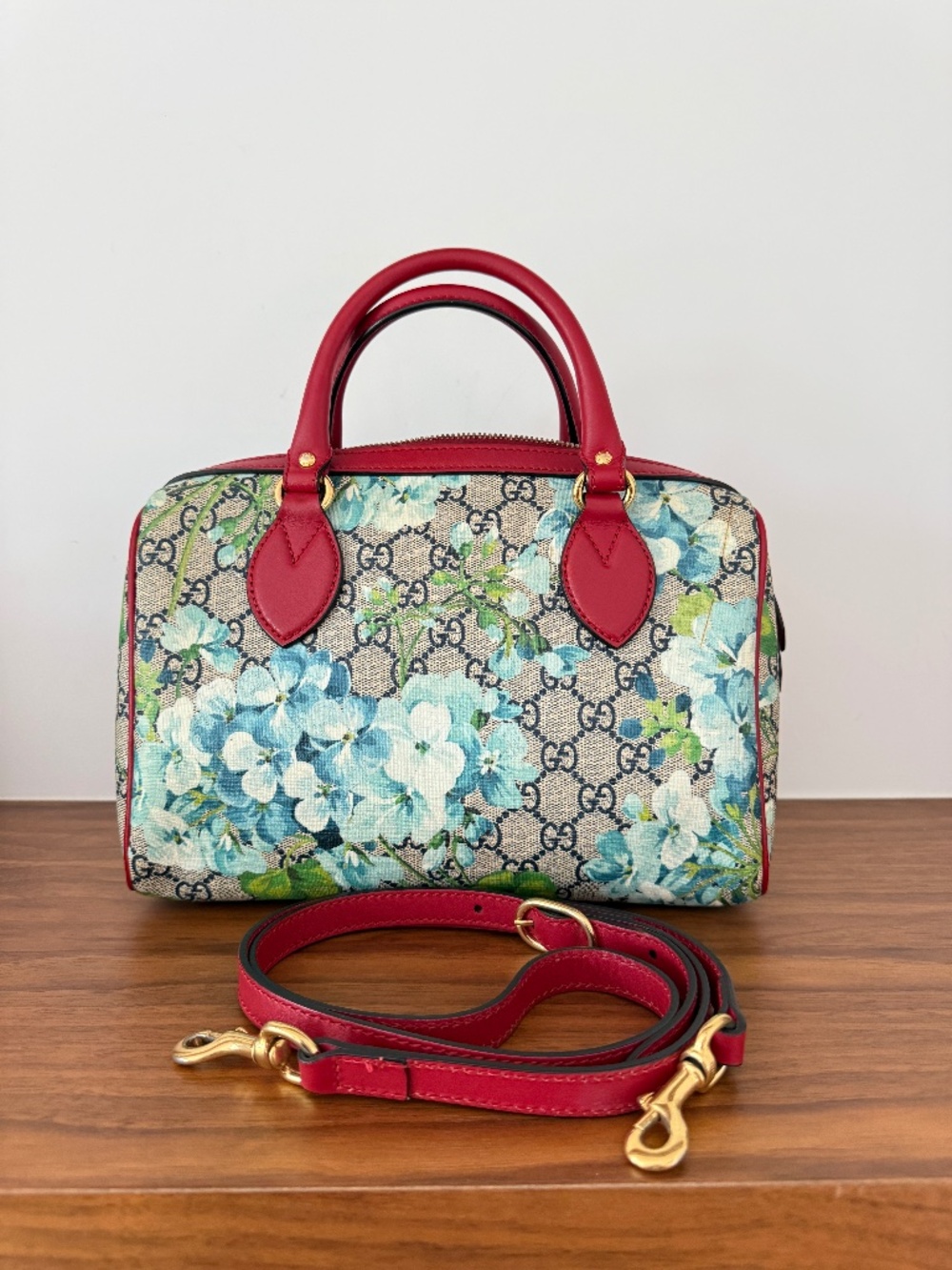 Gucci Boston Handbag Blooms Monogram with Blue Flowers with Red Leather Trim